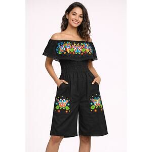 Womens Medium Black Embroidered Butterfly Off Shoulder Knee Length Romper Boho